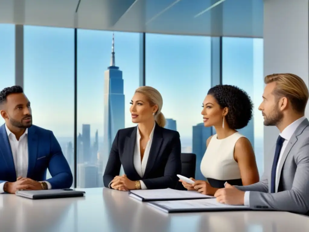 Profesionales debaten en oficina moderna sobre subastas inmobiliarias Una vibrante discusión sobre subastas inmobiliarias lucrativas estrategias en una moderna oficina con diversidad profesional