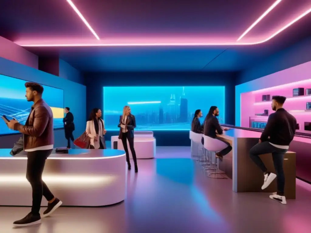 Espacio comercial futurista para Gen Z: diseño moderno y vibrante Vibrante diseño espacios comerciales generación Z con mobiliario minimalista, luces neón y tecnología de vanguardia