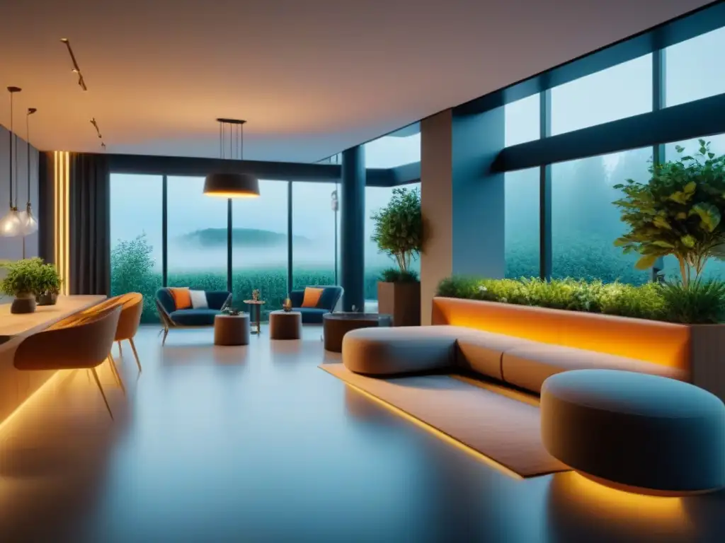 Espacio comercial moderno y dinámico: diseño funcional y vibrante Vibrante diseño espacios comerciales multifuncionales con mobiliario versátil, iluminación chic y vegetación