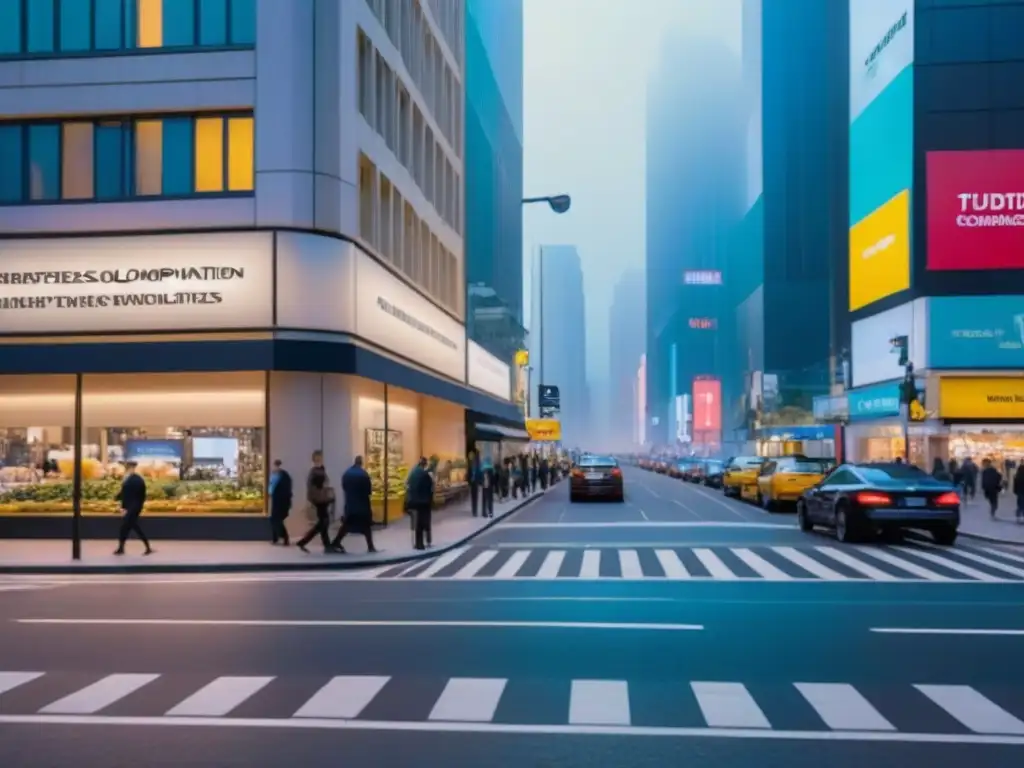 Distrito comercial vibrante: modernidad y dinamismo urbano Vibrante distrito comercial con edificios modernos, negocios activos y profesionales ocupados