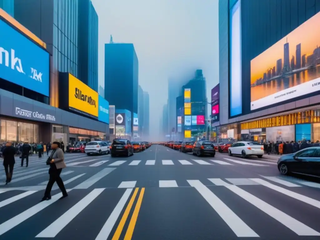 Distrito comercial moderno en 8k: ajetreo digital y seguro comercial Vibrante distrito comercial con edificios modernos, vallas digitales y profesionales