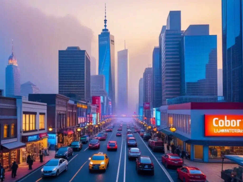 Horizonte urbano moderno al atardecer: escena vibrante de negocios y diversidad Un vibrante distrito comercial al anochecer, reflejando seguridad y prosperidad