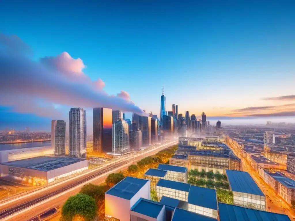 Horizonte urbano moderno: diversidad comercial en metrópolis vibrante Un vibrante distrito comercial urbano con las mejores hipotecas propiedades comerciales, oficinas, tiendas y restaurantes, bajo un cielo azul claro