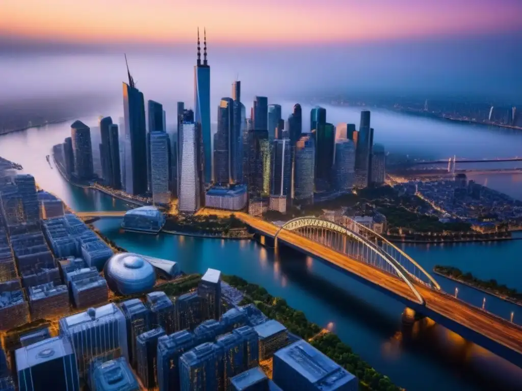 Horizonte dorado: distrito financiero en ciudad internacional Vibrante distrito financiero en ciudad internacional con rascacielos y luces nocturnas