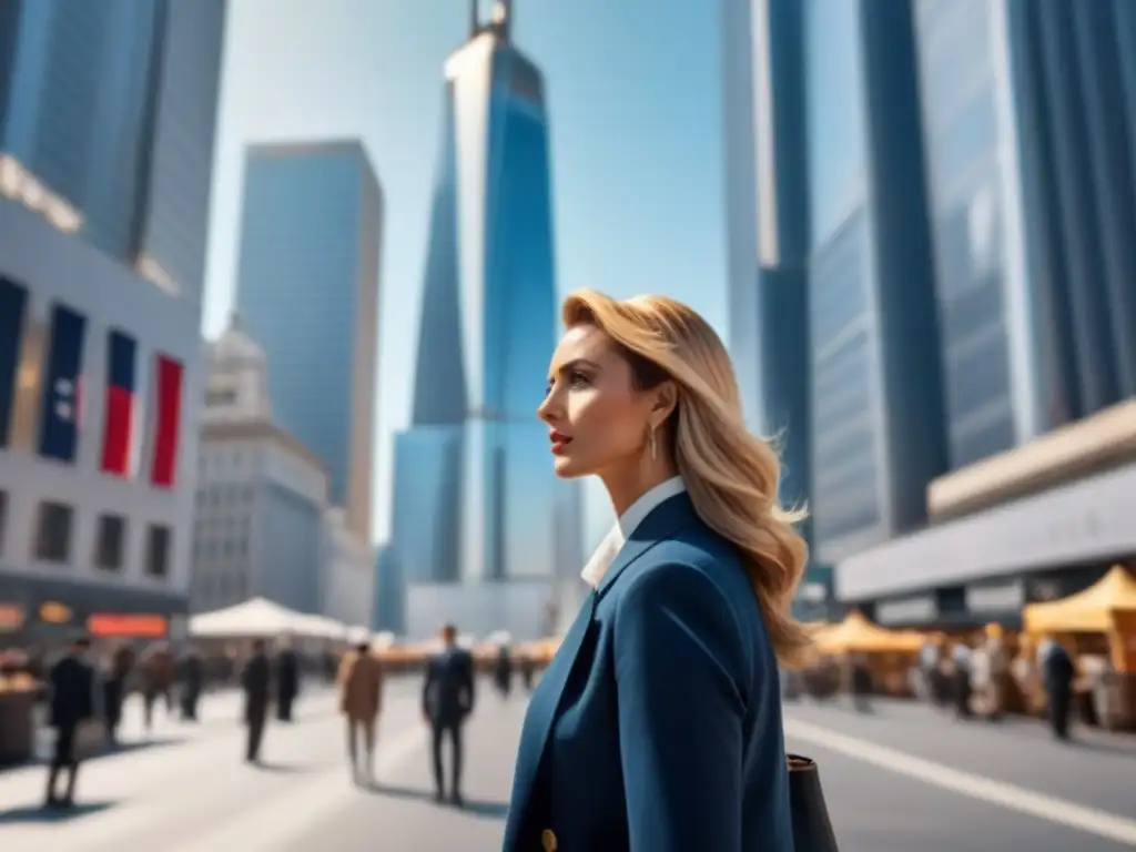 Distrito financiero futurista: skyline 8k con profesionales en acción Vibrante distrito financiero global con rascacielos modernos y profesionales de negocios, reflejando inversiones inmobiliarias globales rentables