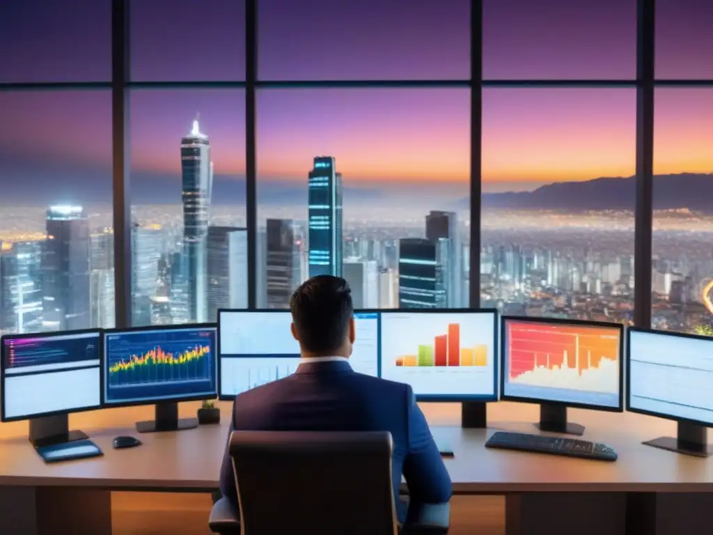 Horizonte urbano moderno y dinámico en Sudamérica Vibrante distrito financiero en Sudamérica: profesionales analizando datos