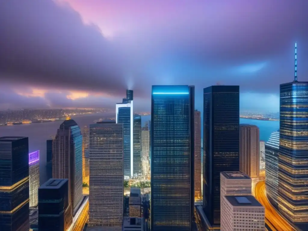 Distrito financiero: fusión de real estate e inversión Vibrante distrito financiero con rascacielos modernos y símbolos ETF integrados sutilmente, fusionando real estate e inversión