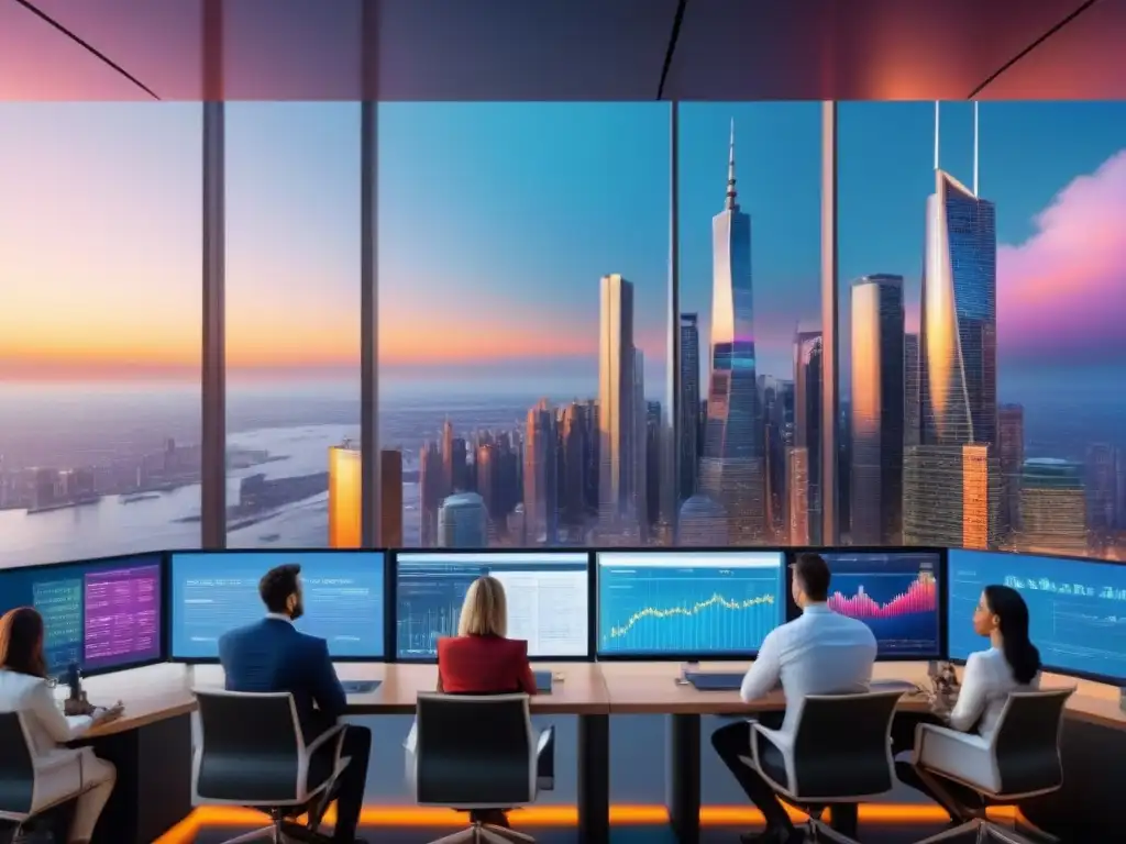 Horizonte financiero sostenible: inversión futurista al atardecer Un vibrante distrito financiero, reflejo del impacto sostenibilidad rendimiento financiero inversiones