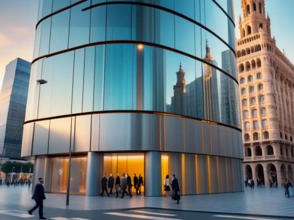Edificio bancario moderno en España: reflejos de la ciudad Vibrante edificio bancario moderno en España, reflejando la ciudad