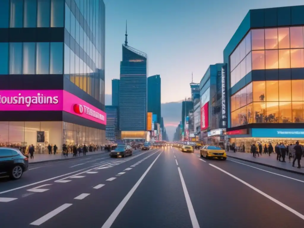 Edificio comercial en la ciudad al atardecer: modernidad y dinamismo urbano Un vibrante edificio comercial moderno iluminado en la ciudad al anochecer, reflejos de letreros de neón y bulliciosa actividad urbana
