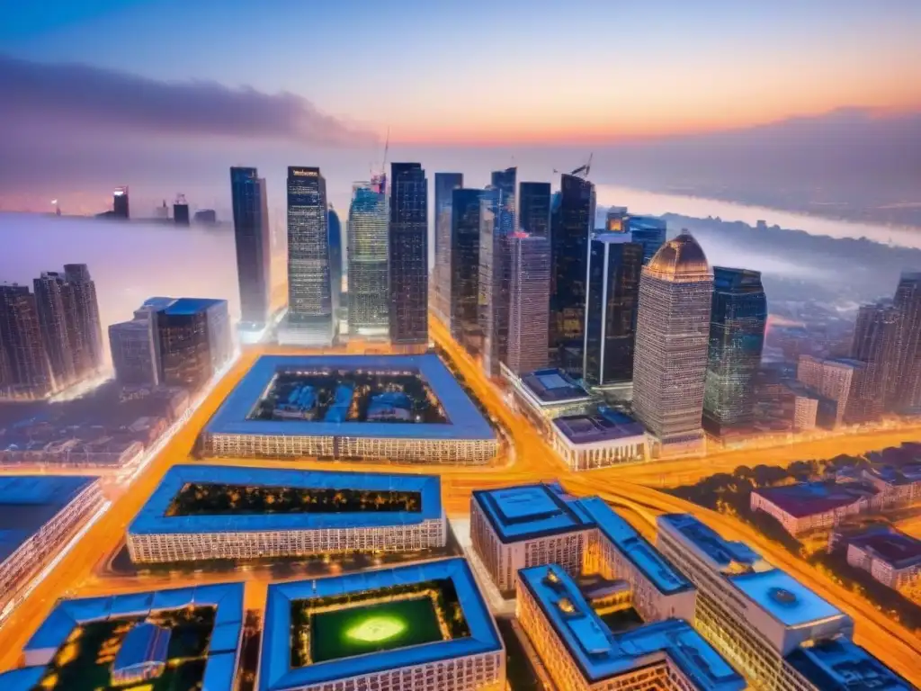 Horizonte urbano al atardecer: luces y arquitectura moderna Vibrante equilibrio entre rentabilidad y riesgo en inversiones inmobiliarias en la impresionante vista aérea de la ciudad al anochecer