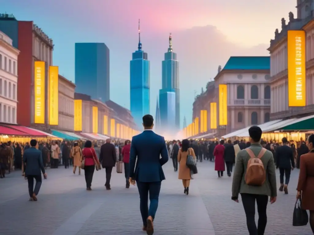 Armonía urbana: innovación y tradición fusionadas al anochecer Un vibrante equilibrio urbanismo enriquecer cultura regional en una ciudad bulliciosa al anochecer