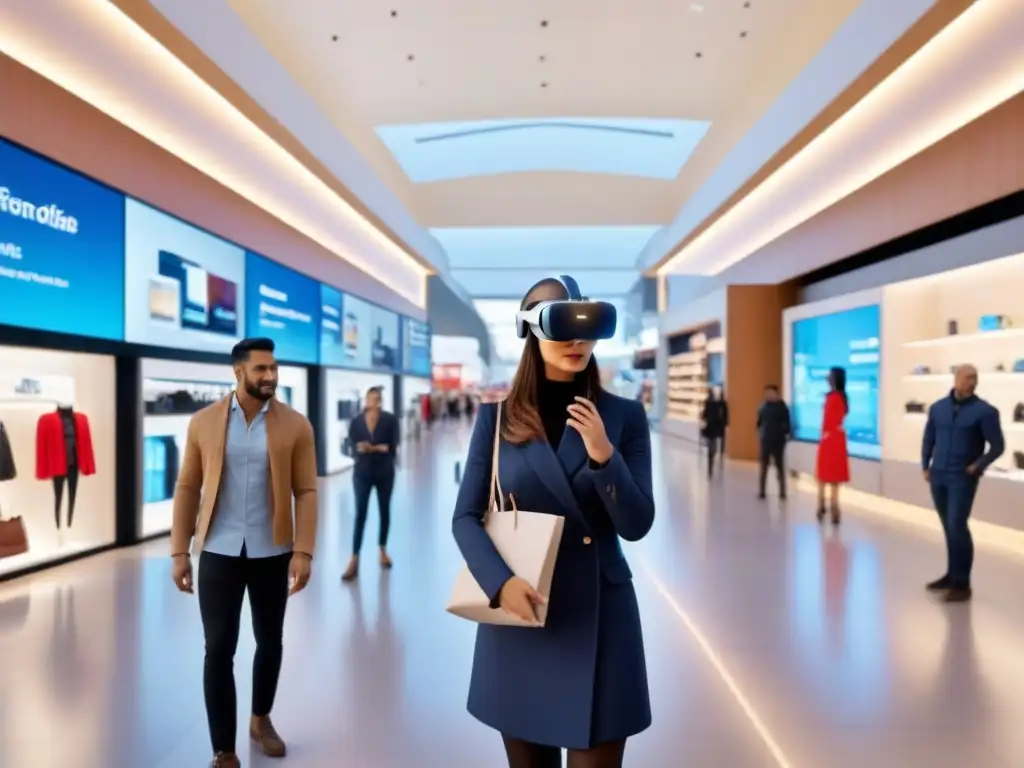 Centro comercial futurista: fusión de tiendas físicas y online Vibrante escena en centro comercial futurista, integrando tradición y tecnología con estrategias de inversión inmobiliaria avanzadas