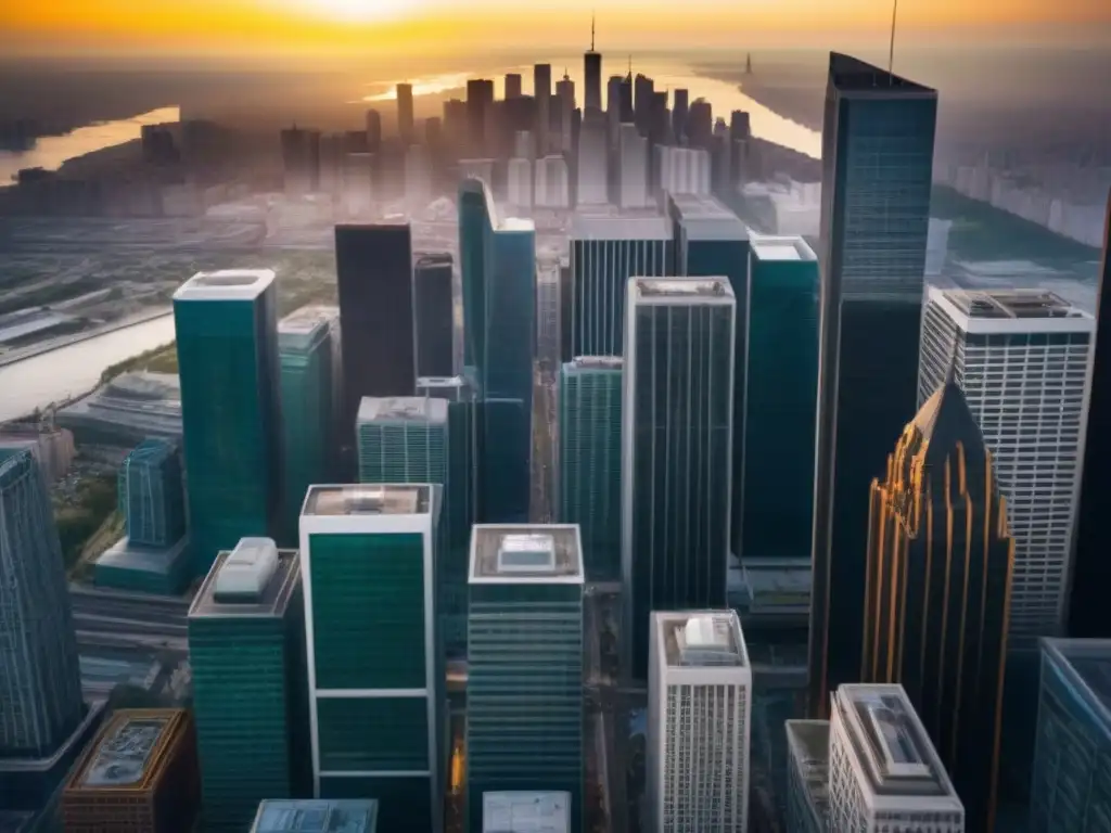 Metrópolis vibrante: rascacielos modernos y energía financiera Vibrante escena de una ciudad moderna con rascacielos en un distrito financiero, reflejando las mejores estrategias inversión mercado inmobiliario