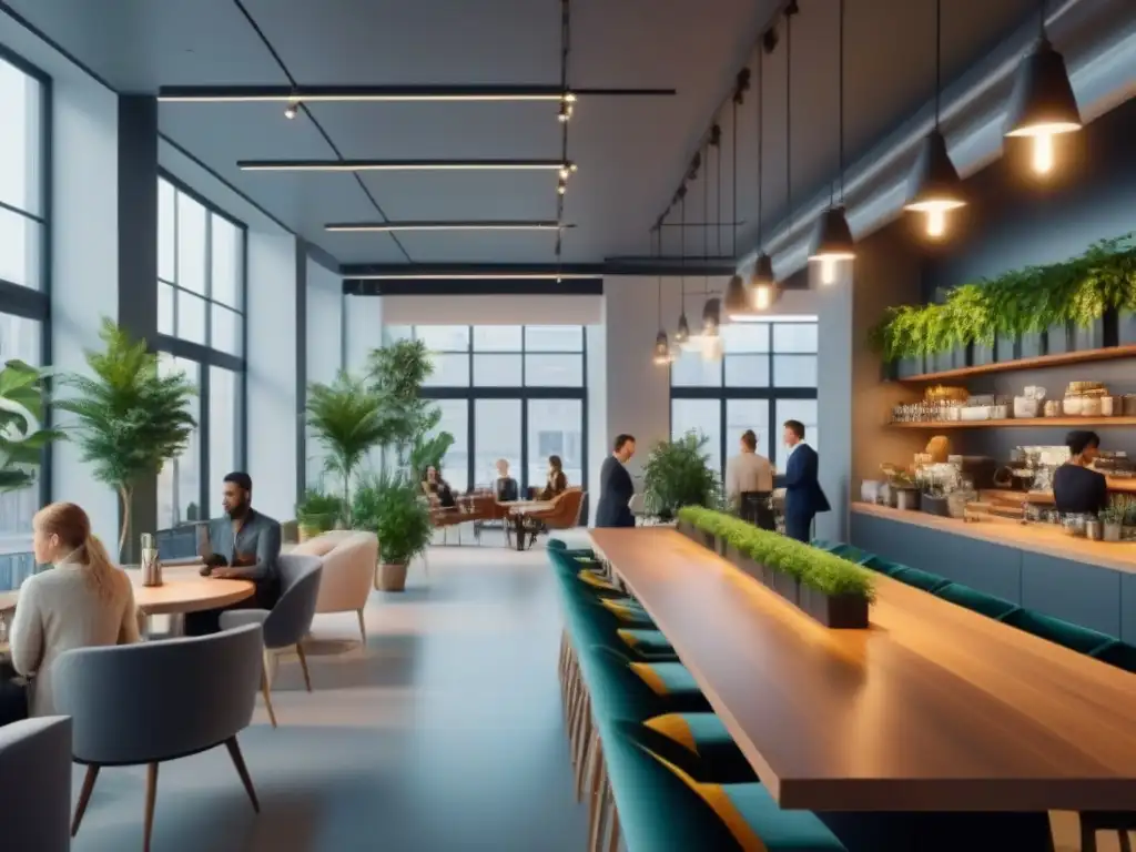 Escena vibrante: café trendy, coworking moderno y boutique chic en un espacio comercial de alta calidad Vibrante escena comercial con cafetería, coworking y tienda, jóvenes profesionales y parejas de compras