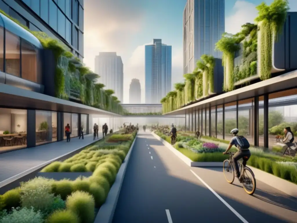 Desarrollo urbano sostenible: armonía entre naturaleza y ciudad Vibrante escena de desarrollo urbano sostenible con edificios verdes y gente disfrutando de la naturaleza