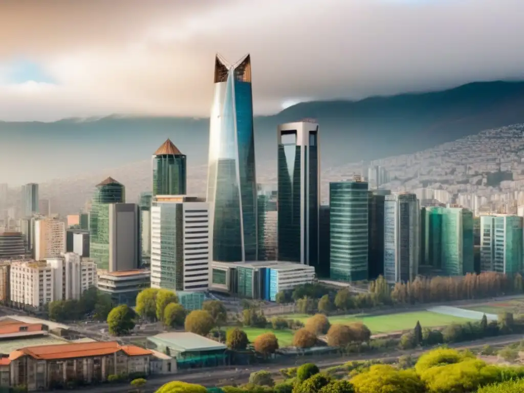 Real Estate Investment en Santiago, Chile: Metrópolis Vibrante y Oportunidades Lucrativas Vibrante escena del distrito financiero de Santiago, Chile, con profesionales discutiendo, reflejando oportunidades en la legislación inmobiliaria chilena para inversores