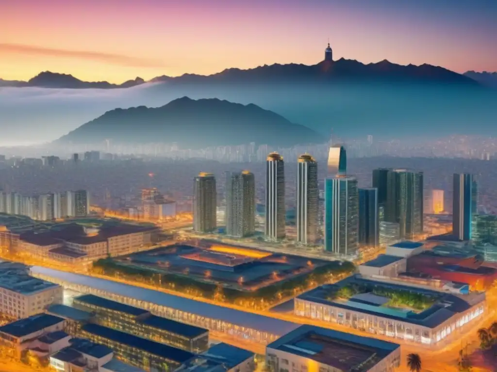 Skyline moderno y diversidad en Lima, Perú Vibrante escena de la inversión inmobiliaria en Perú: rascacielos modernos, profesionales diversos y la majestuosa cordillera de los Andes al atardecer