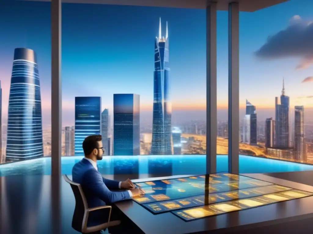 Escena vibrante: mercado inmobiliario global en 8k Vibrante escena de mercado inmobiliario internacional con rascacielos y profesionales analizando tendencias económicas