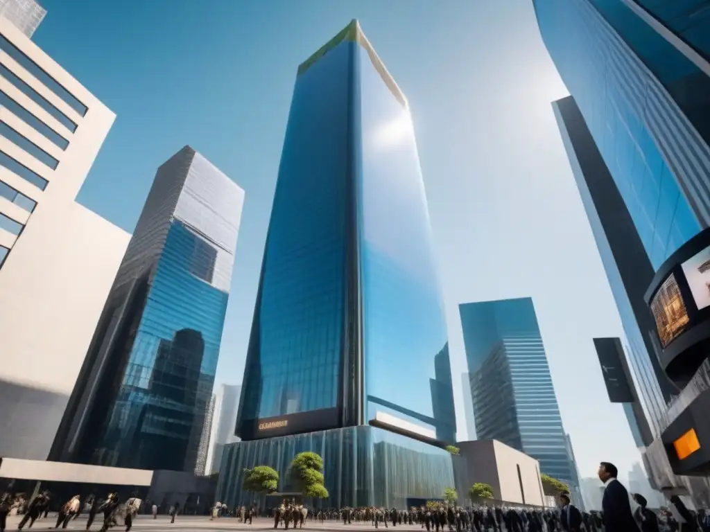 Rascacielos moderno en CDMX: dinamismo financiero y tecnológico Vibrante escena de rascacielos en CDMX con ejecutivos y datos financieros