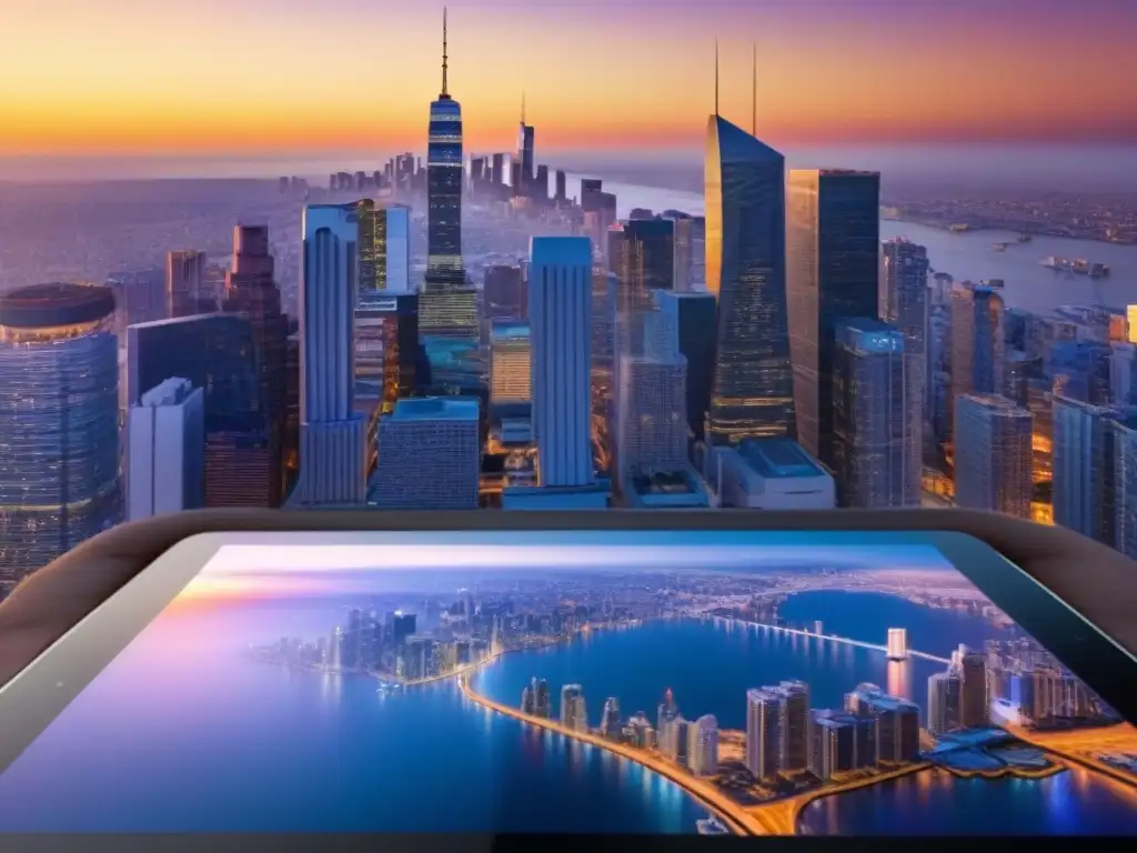 Skyline urbano al atardecer: la imagen 8k que define el futuro inmobiliario Vibrante escena urbana al atardecer con profesionales analizando tendencias mercado inmobiliario en tabletas futuristas transparentes