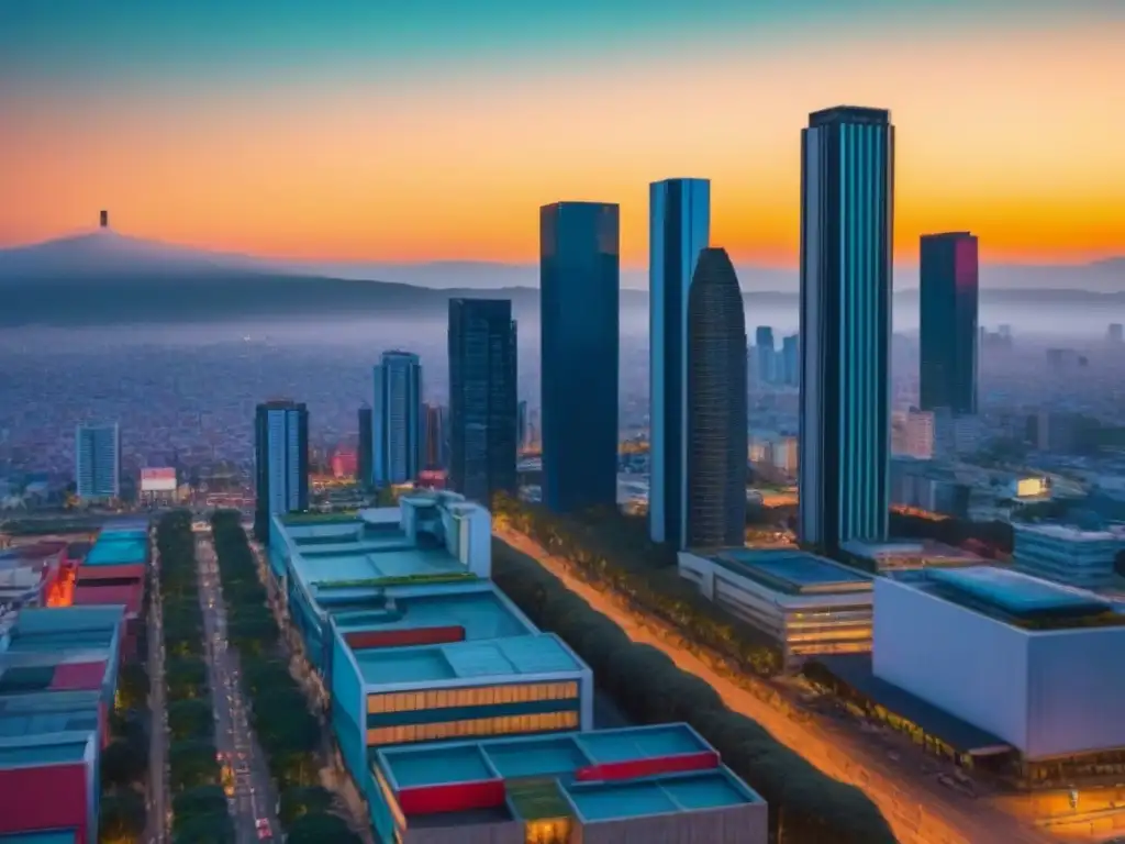 Skyline de Ciudad de México al atardecer: modernidad y negocios en 8K Vibrante escena urbana en la Ciudad de México al atardecer, destacando las regulaciones inmobiliarias en México