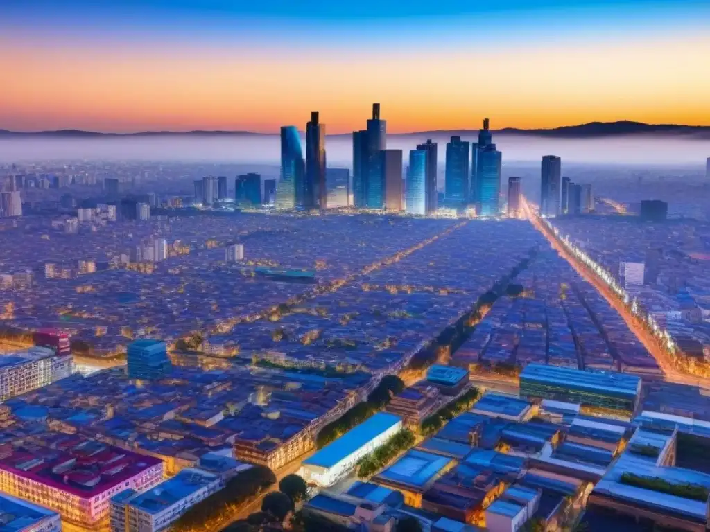 Esencia urbana de Ciudad de México: dinamismo y modernidad Vibrante escena urbana de la Ciudad de México, con rascacielos, calles bulliciosas y un cielo azul