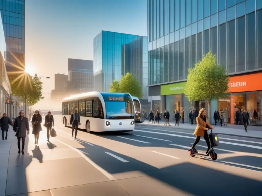 Escena urbana moderna: diversidad, sostenibilidad y vida Vibrante escena urbana con espacios comerciales multifuncionales y diversidad de personas caminando por aceras arboladas