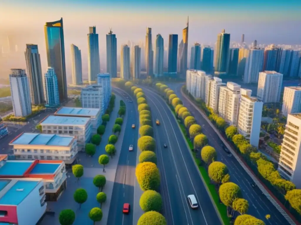 Vista aérea impactante de ciudad: arquitectura diversa y ajetreo urbano Vibrante escena urbana con Fluctuaciones mercado inmobiliario internacional