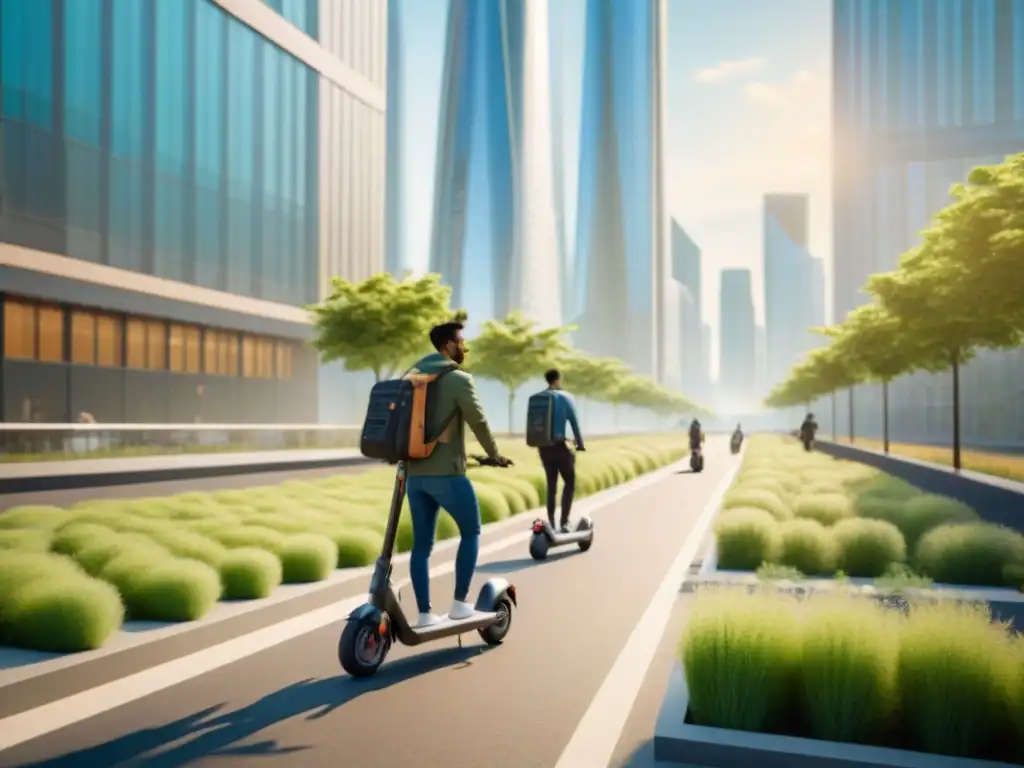 Escena urbana futurista: movilidad sostenible y diseño verde en 8k Vibrante escena urbana futurista en 8k, destacando la movilidad sostenible y la integración de la naturaleza