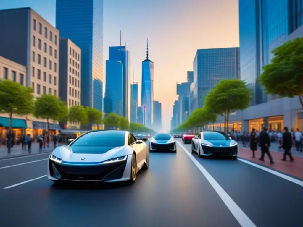 Escena urbana futurista: movilidad y tecnología integradas Vibrante escena urbana con impacto en movilidad urbana en propiedades: rascacielos modernos, vehículos eléctricos y peatones en aceras futuristas