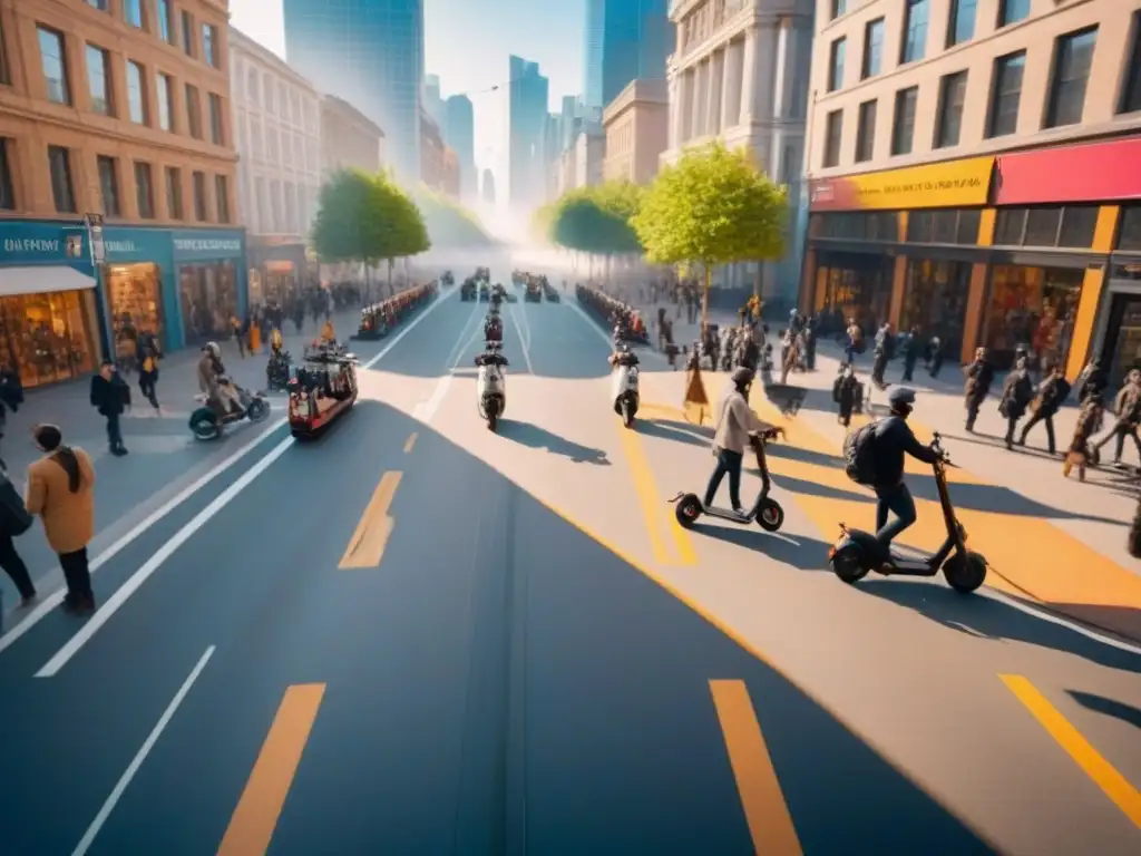Escena urbana vibrante: transporte diverso y arte callejero al atardecer Vibrante escena urbana con impacto en movilidad, destacando diversidad de transporte y arte callejero al atardecer