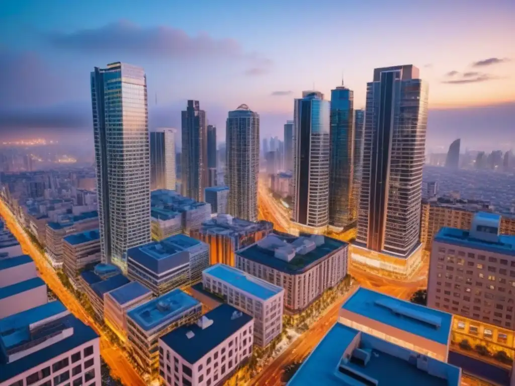 Cityscape urbano de alta definición al atardecer: modernidad y armonía Vibrante escena urbana al anochecer con inversión en centros comerciales residenciales