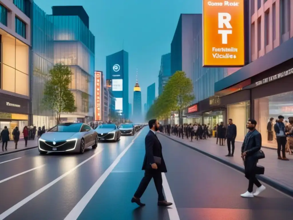 Escena urbana sofisticada al anochecer: modernidad y seguridad en armonía Vibrante escena urbana al anochecer, con luces de calle, edificios modernos y peatones seguros