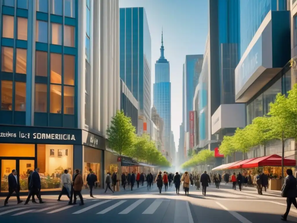 Vibrante calle urbana con comercios modernos y diversidad de personas Vibrante escena urbana con modernos edificios comerciales y diversidad de personas en movimiento