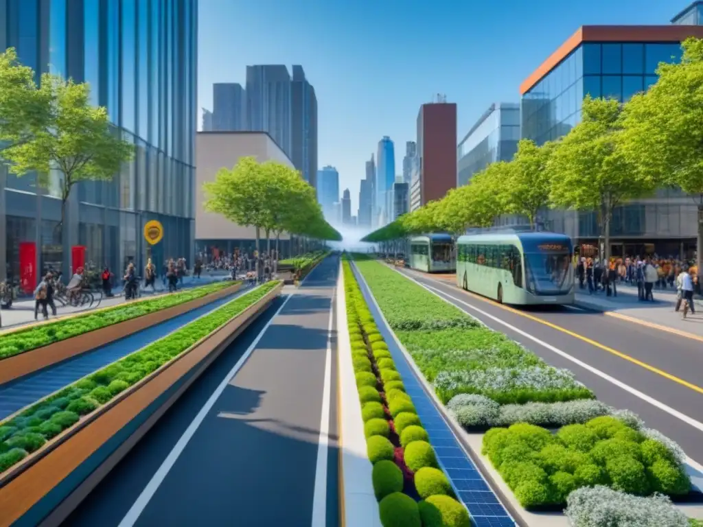 Escena urbana eco-friendly: modernidad y sostenibilidad Vibrante escena urbana con movilidad verde y edificios ecoamigables en un mercado de bienes raíces