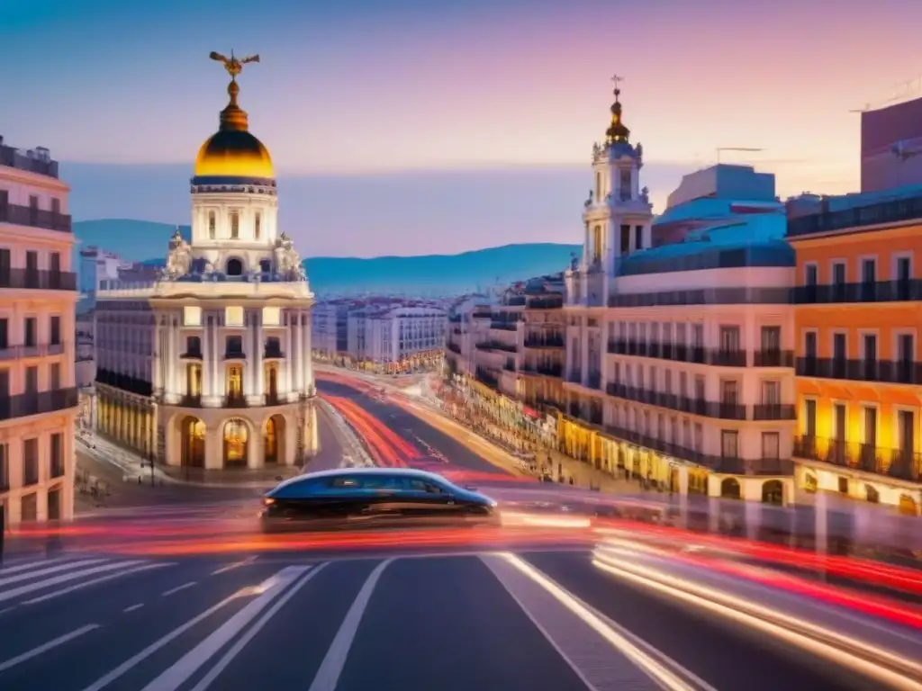 Madrid al anochecer: vibrante ciudad moderna en crecimiento Vibrante escena urbana de Madrid al anochecer, con rascacielos iluminados y arquitectura variada