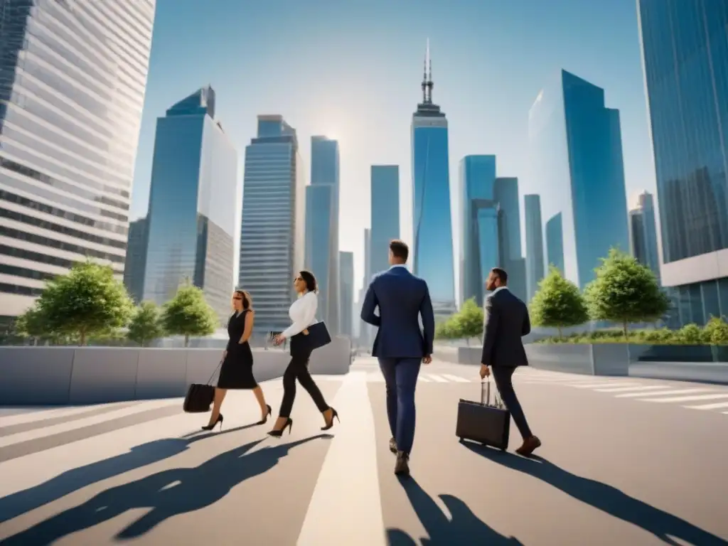 Vibrante panorama urbano: éxito en inversión inmobiliaria Vibrante escena urbana con rascacielos y profesionales, reflejando el éxito de las inversiones inmobiliarias