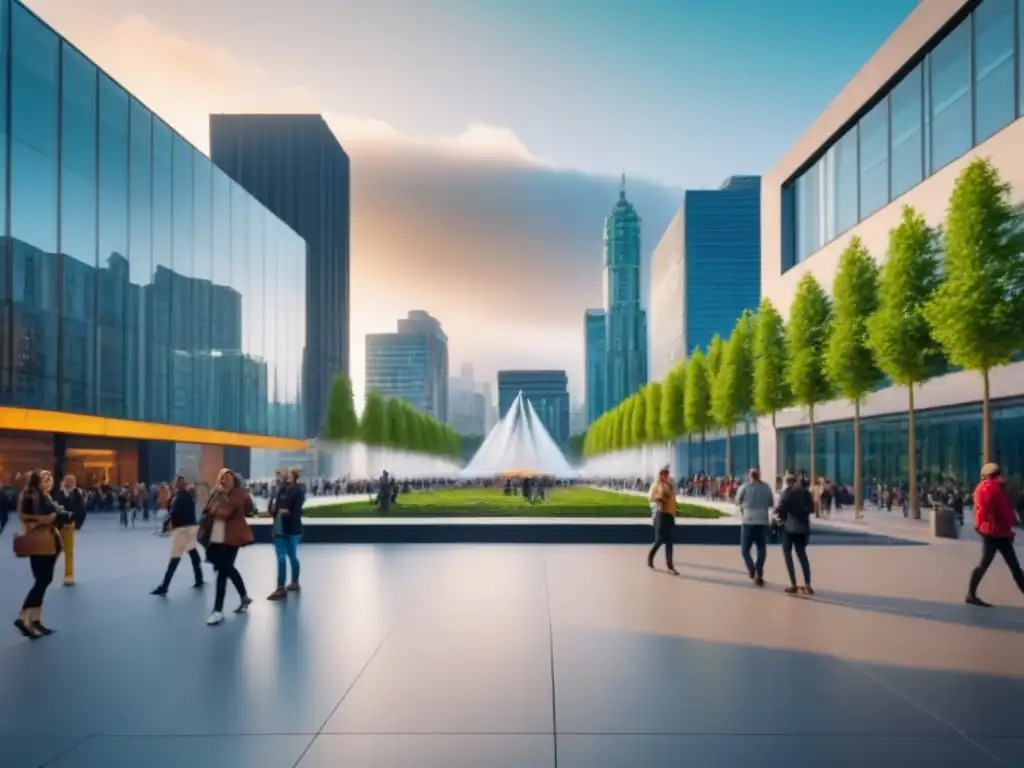 Plaza urbana moderna: vida vibrante y armonía ciudadana Un vibrante escenario urbano con arquitectura moderna, espacios verdes y diversidad de personas disfrutando de actividades en un ambiente armonioso