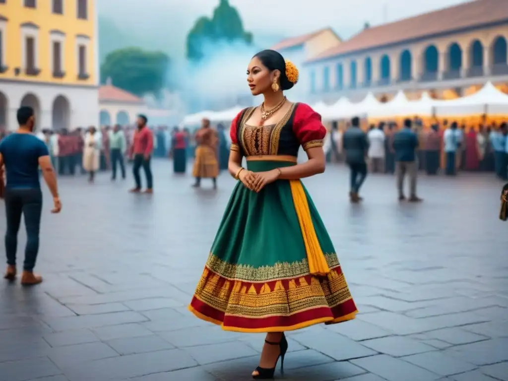 Plaza urbana vibrante: danzas, comida y arte en armonía Un vibrante escenario urbano que refleja la identidad cultural de la región, fusionando tradición e innovación en armonía