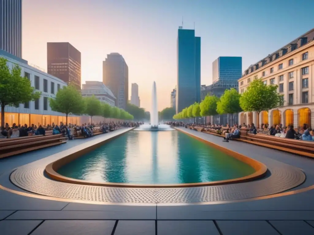 Plaza urbana: diversidad y crecimiento en comunidad Un vibrante escenario urbano con moderna arquitectura y espacios verdes donde la gente se reúne