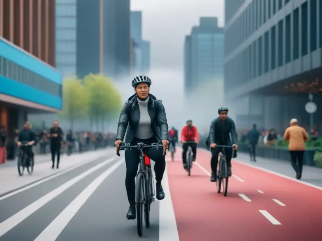 Escena urbana vibrante: arquitectura moderna, gente diversa y conexión comunitaria Un vibrante escenario urbano con modernos rascacielos, espacios verdes y personas diversas caminando y en bicicleta