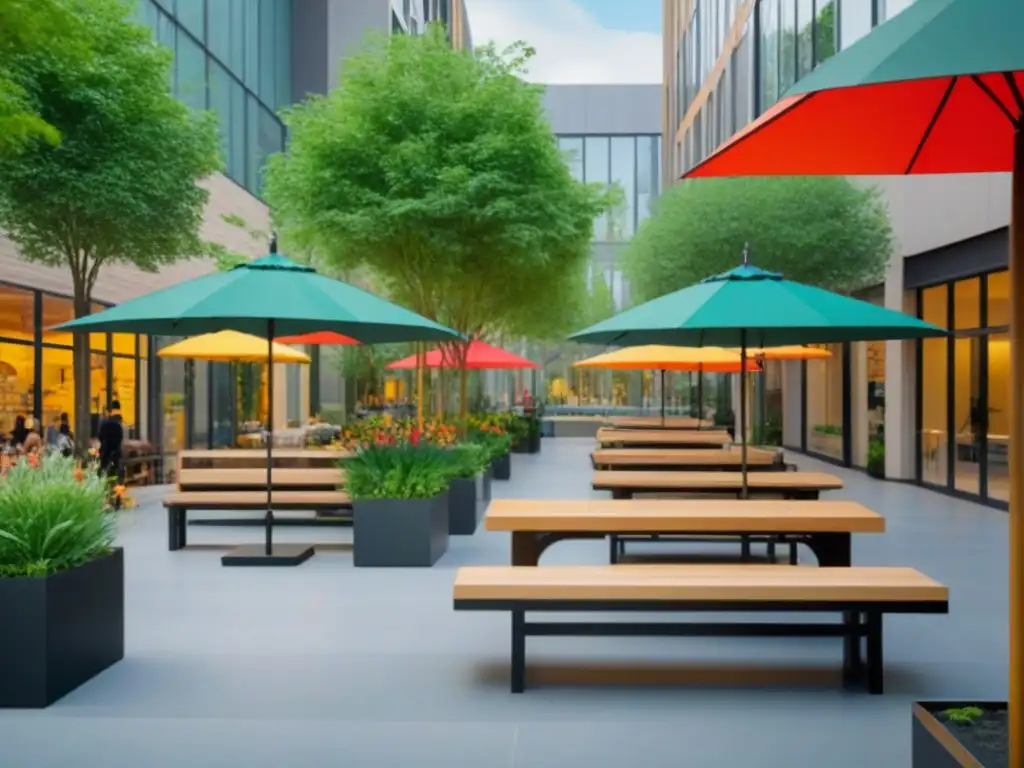 Plaza comercial moderna y verde: armonía entre naturaleza y diseño urbano Un vibrante espacio comercial con diseño moderno rodeado de exuberante vegetación