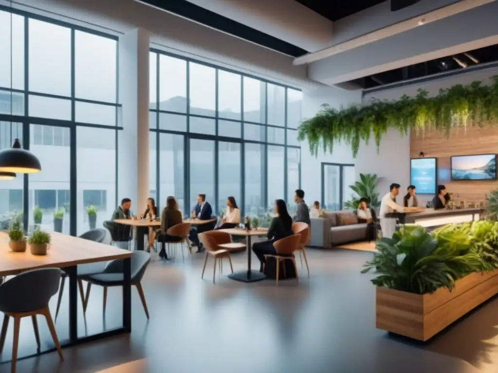 Espacio comercial vibrante con cafés, tiendas y áreas de coworking Vibrante espacio comercial con estrategias de engagement inmobiliario, cafés, tiendas y colaboración diversa en arquitectura moderna y acogedora