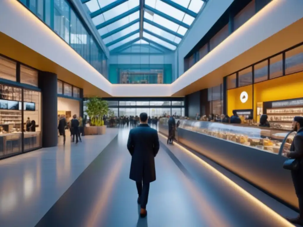 Centro comercial multifuncional: modernidad y diversidad en 8k Un vibrante espacio comercial multifuncional con tiendas, cafés, áreas educativas y de reunión comunitaria