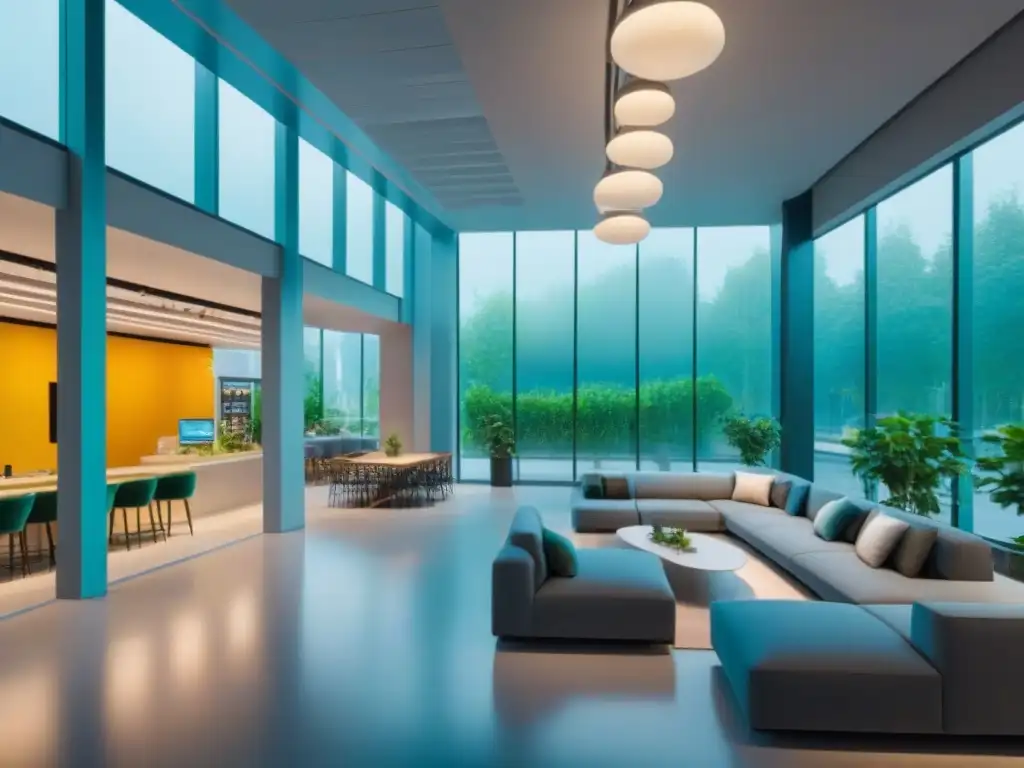 Espacio comercial futurista: arquitectura moderna y vibrante Un vibrante espacio comercial multifuncional futurista con diseño moderno y ventajas tecnológicas