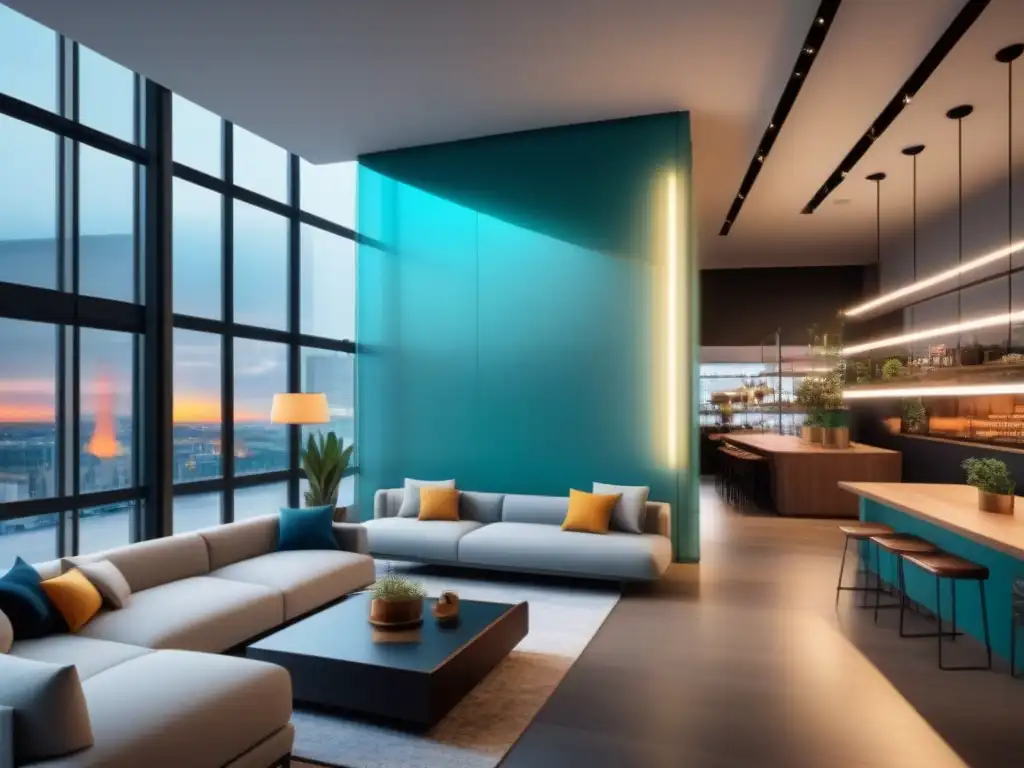 Espacio comercial vibrante: modernidad y diversidad en acción Un vibrante espacio comercial multifuncional con moderna arquitectura, gente variada y diseño sofisticado