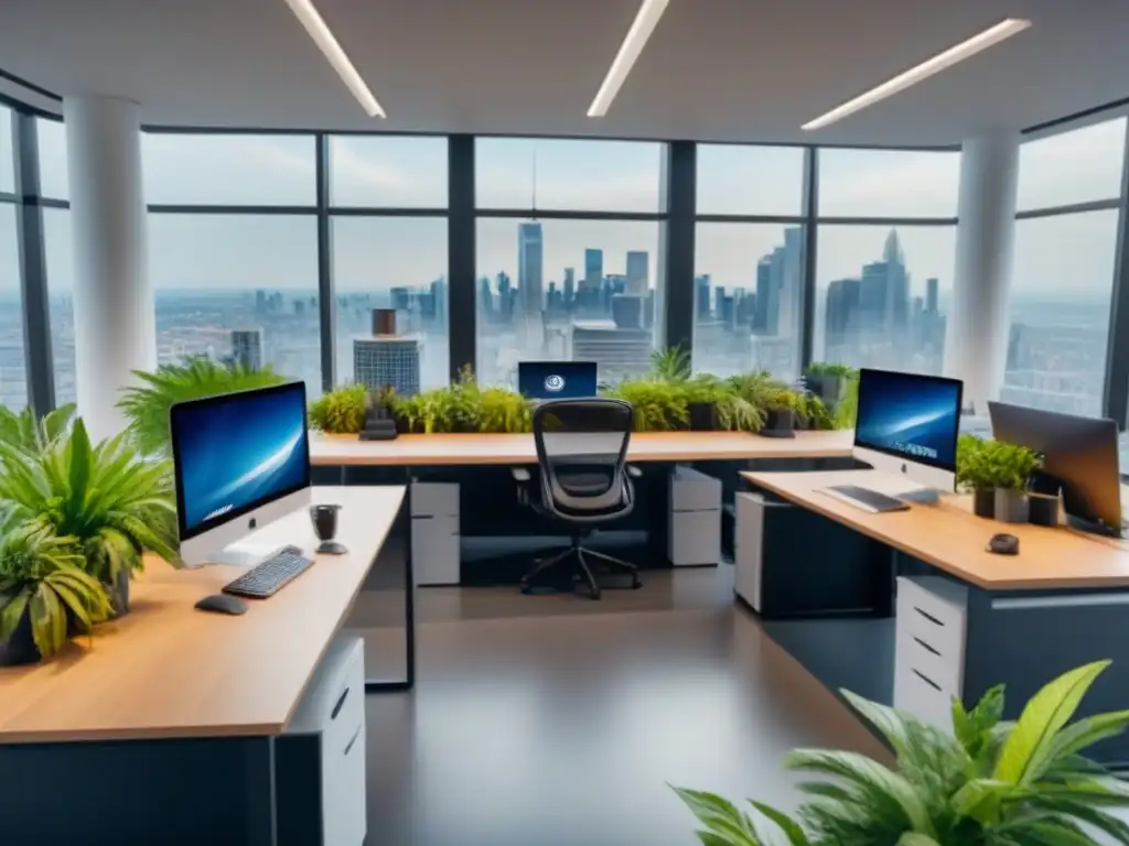Espacio coworking vibrante: profesionales colaboran en entorno moderno Un vibrante espacio de coworking del futuro con profesionales colaborando en modernas estaciones de trabajo, rodeados de plantas y tecnología