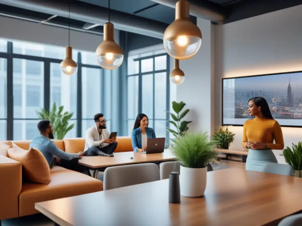 Jóvenes emprendedores colaborando en espacio coworking moderno Un vibrante espacio de coworking donde jóvenes emprendedores colaboran y generan ideas