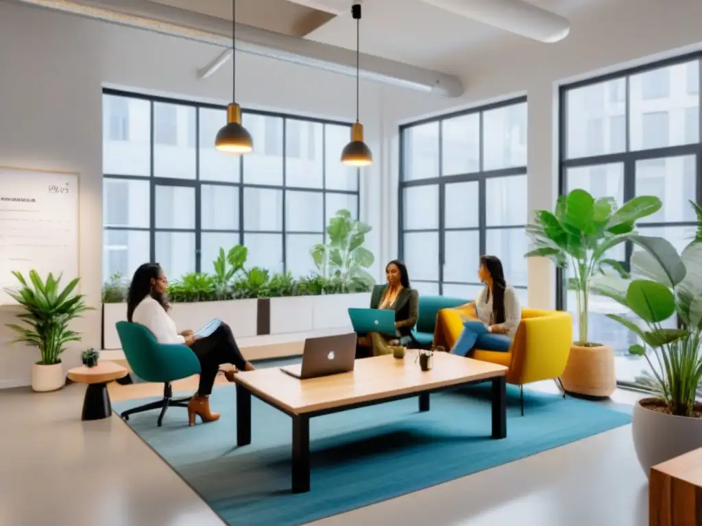 Espacio de coworking moderno y vibrante con colaboración creativa Un vibrante espacio de coworking moderno y acogedor con freelancers y emprendedores colaborando, mostrando los beneficios coworking para freelancers